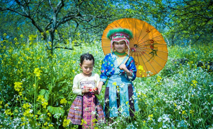 Em bé miền núi trong trang phục truyền thống xinh xắn như cô công chúa nhỏ giữa rừng hoa