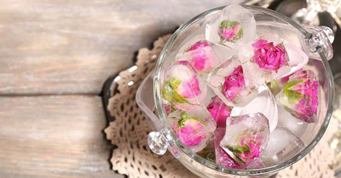 Những viên đá màu sắc với những cánh hoa được đông đá, giúp massage cho làn da căng mịn, sáng hồng.