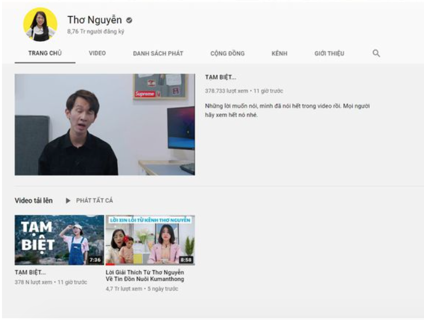 Kênh YouTube Thơ Nguyễn với gần 9 triệu lượt đăng ký đã ẩn toàn bộ video