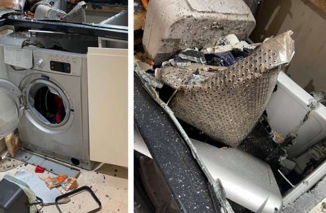 Chiếc máy giặt phát nổ khiến phần lồng giặt bị văng ra ngoài.
