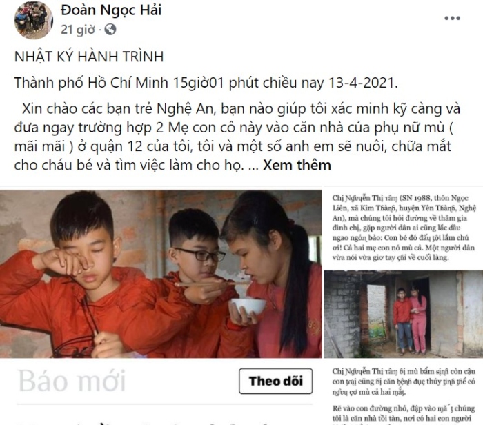 Ông Đoàn Ngọc Hải muốn khẩn trương giúp mẹ con có hoàn cảnh thương tâm ở Nghệ An, "cứu" đôi mắt cháu bé...