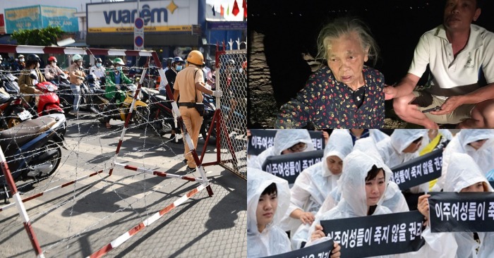 Từ trái qua: Điểm chốt chặn ở Gò Vấp bị ùn ứ; cụ Xuân thoát chết sau khi trôi 2km trên sông; Biểu tình phản đối nạn bạo hành cô dâu ngoại quốc tại Seoul, Hàn Quốc, năm 2018