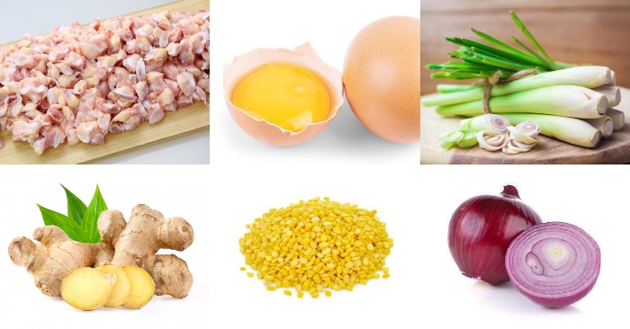 Nguyên liệu để làm món sụn gà rang muối gồm có: sụn gà, trứng gà, sả, gừng, đậu xanh, hành tím.