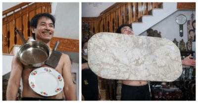 Clip người đàn ông như nam châm khổng lồ, hút đồ vật nặng 32kg vào cơ thể