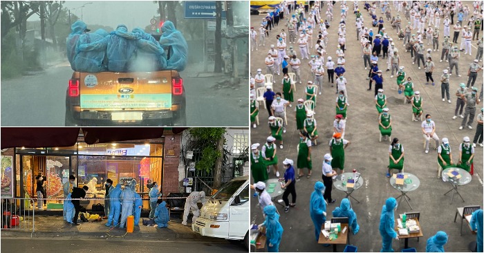 Từ trái qua: Nhóm tình nguyện viên dầm mưa 2 tiếng ở Sài Gòn; lấy mẫu xét nghiệm tại công ty có hơn 700 ca nhiễm; phong tỏa quán pizza ở Hà Nội có ca dương tính đêm 15/7 (ảnh chụp màn hìn
